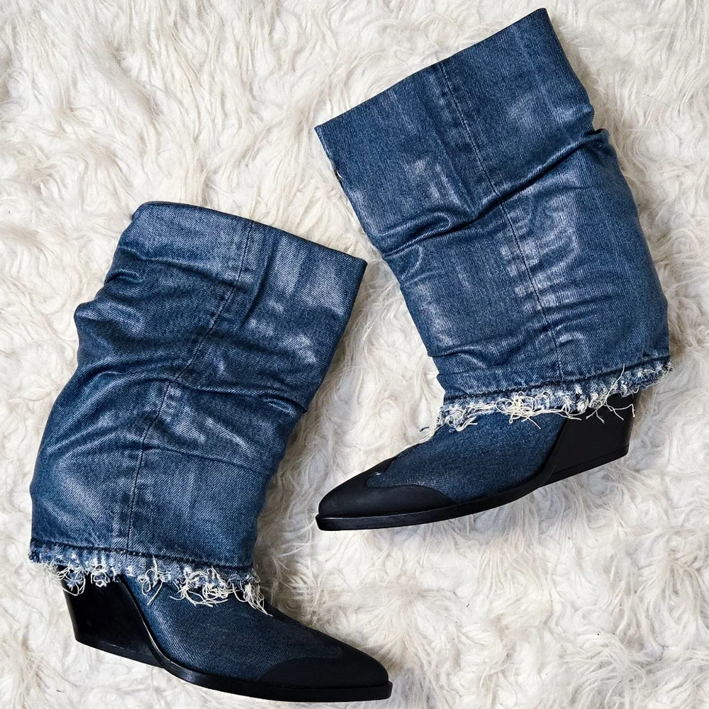 Diesel Denim Foldover Cowboy Boots Y2K 90s Grunge Pointed Toe - Picture 3 of 9
